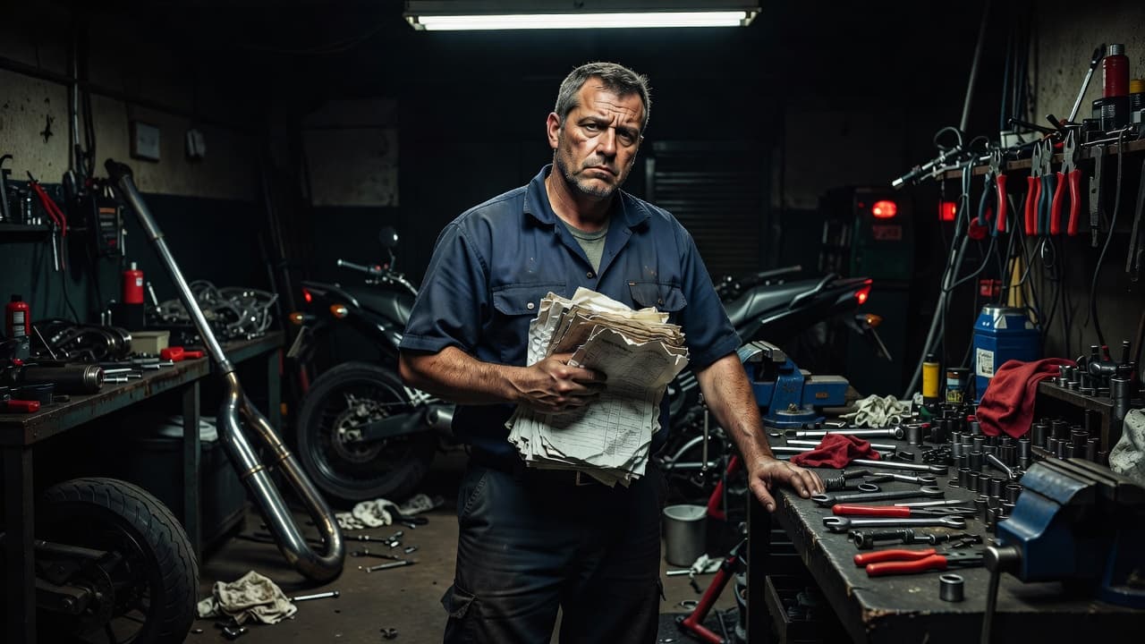 A weary mechanic leans over a cluttered workbench under dim lighting, holding a stack of repair orders. Deep shadows hide the busy tools, while subtle red accents highlight the workshop setting.