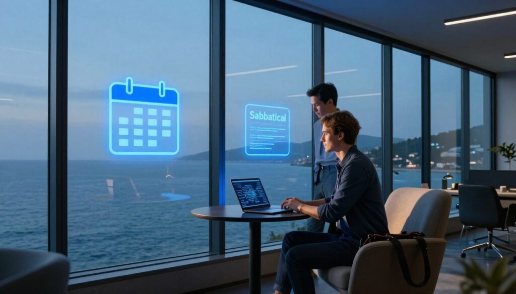 An agency founder stands by a laptop near a coastal office window and a packed travel bag.