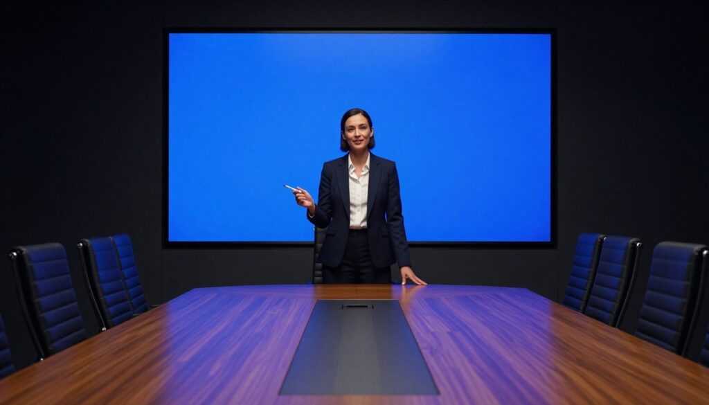 A businesswoman gestures toward a blue display in a modern conference room.