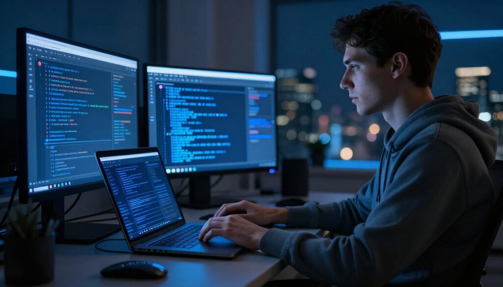 Beginner developer typing blue code beside a tablet showing a polished tool interface.