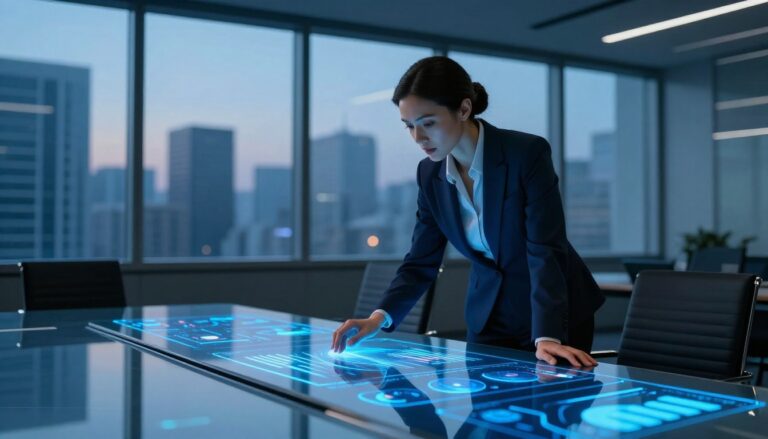 A businesswoman studies glowing blue charts over a glass table in a city boardroom.