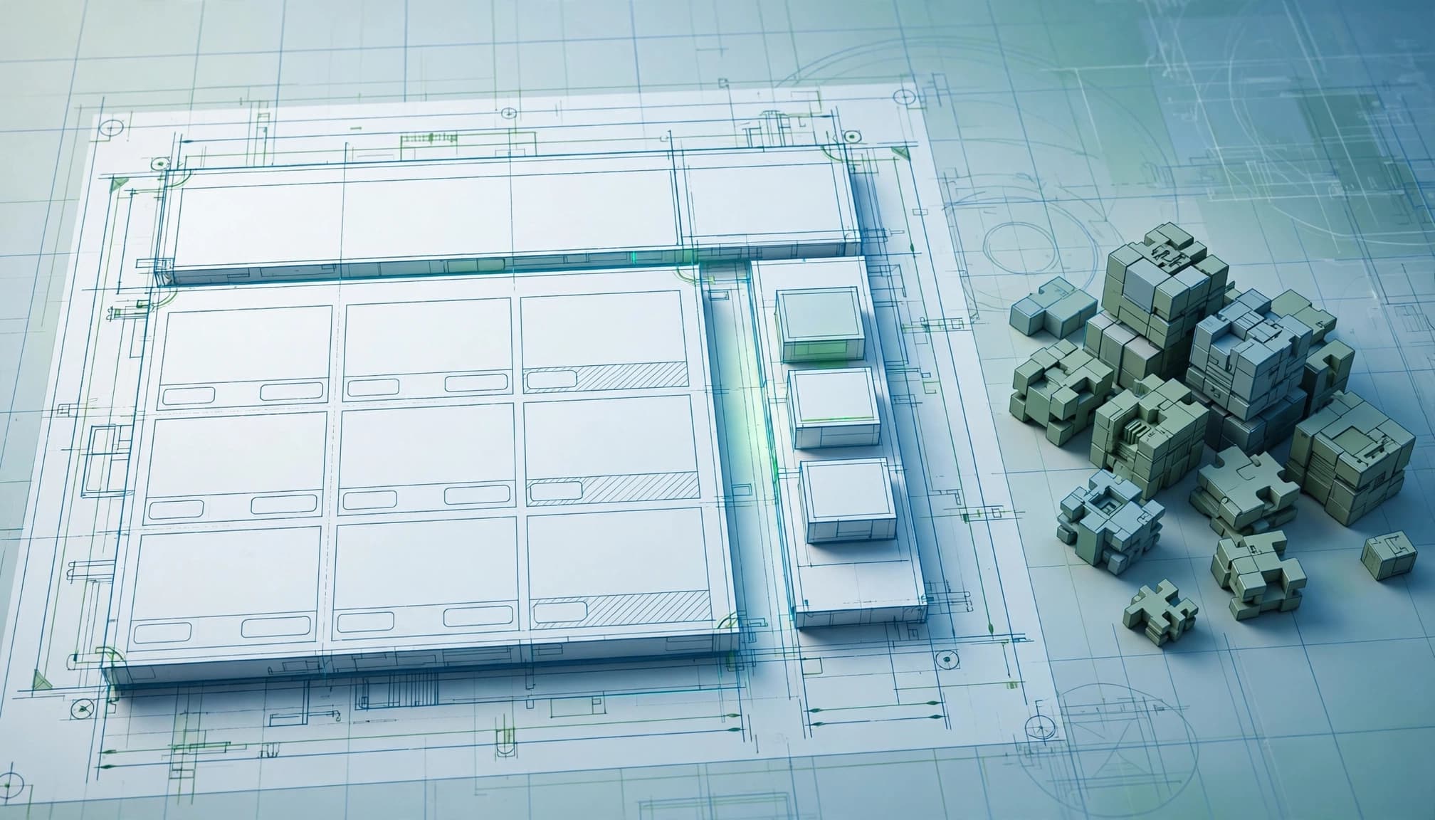 A simplified website blueprint beside a small stack of removed modules.