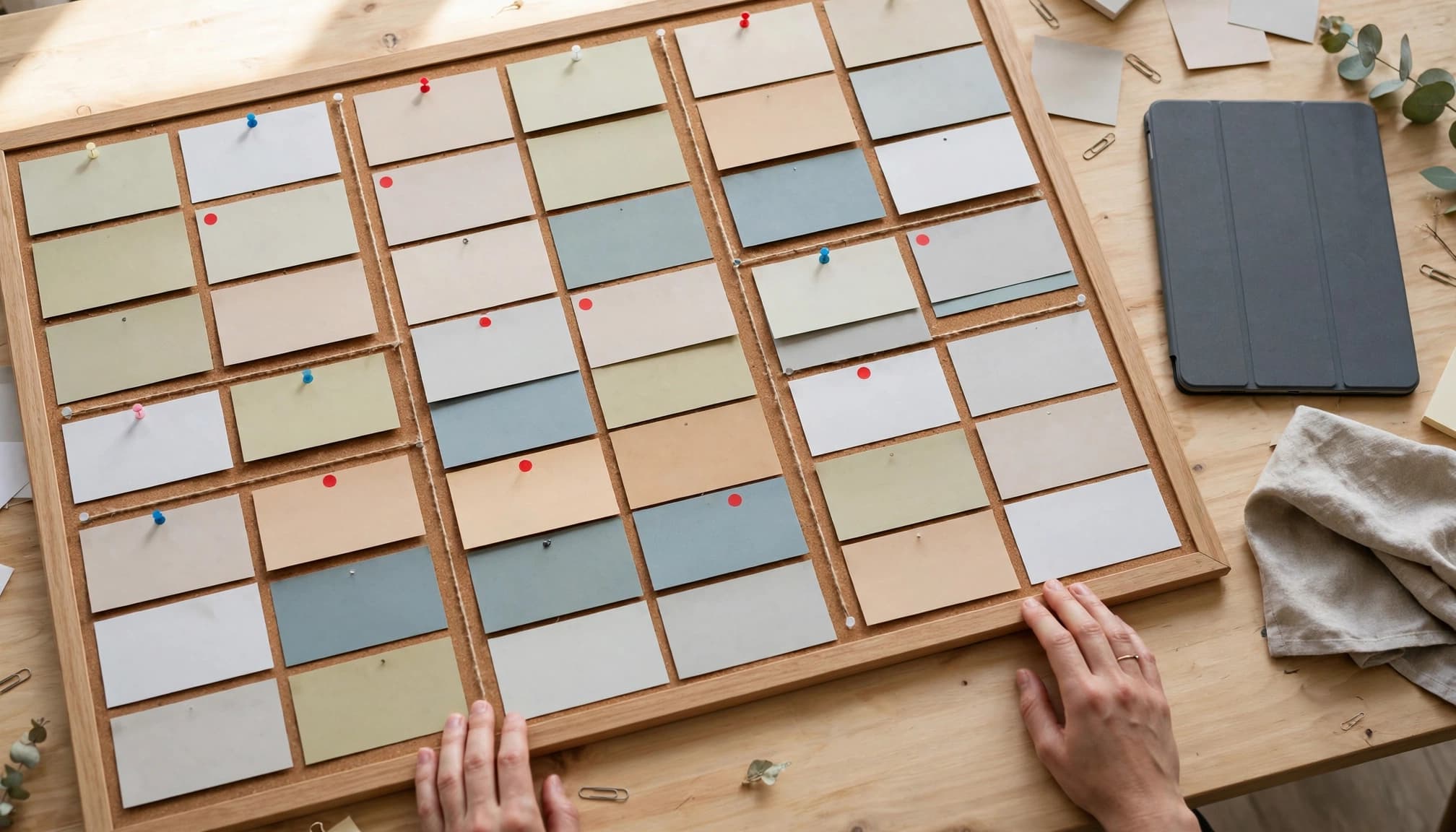 A pair of hands rests beside a task board with paper cards and overdue markers.